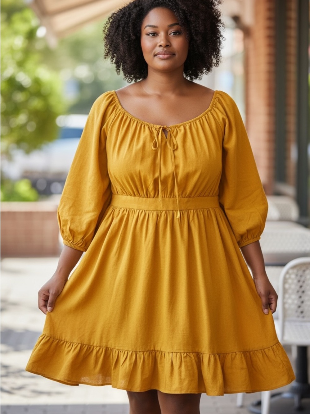 Eloquii Mustard Tie-Neck Puff Sleeve Midi Dress